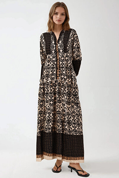 Merterium Women's Patterned Hijab Dress Black Beige 1010