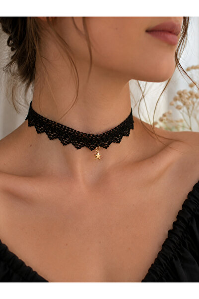 BNG AKSESUAR Dantel Siyah Gotik El yapımı Kalpli Choker Kolye