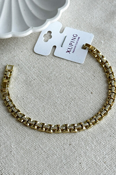 Modacaprea Xuping 14K Taşlı Saat Zincir Kadın Bileklik I 17+2 cm Altın Renkli...