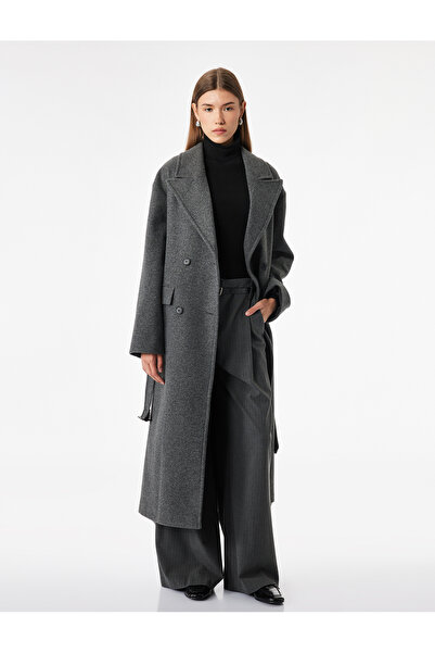Koton Long Sleeve Double-Breasted Long Cashmere Coat with Belt and Pockets