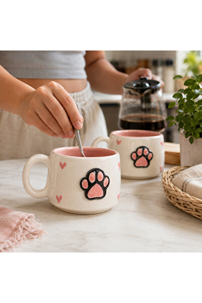 Pawicci Ceramic Mug with Paw Pattern, Set of 2 Handmade Natural Mugs, 200 ml ...