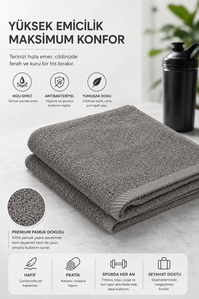 denizlicotton Cotton Sports Towel 30X90 cm Sweat Absorbent Lightweight Fitness Pilates Running Towel
