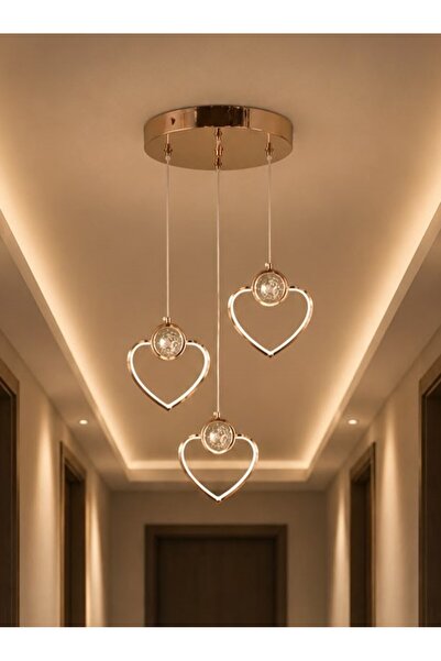 EY-EL TASARIM ÜÇLÜ KALP 3 RENK MODLU KRİSTAL TAŞLI LEDLİ SARKIT AVİZE