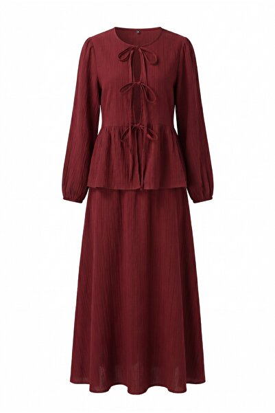 Modamorfo Tie-Front Crinkle Kimono Set with Elastic Sleeves and Skirt - Burgundy