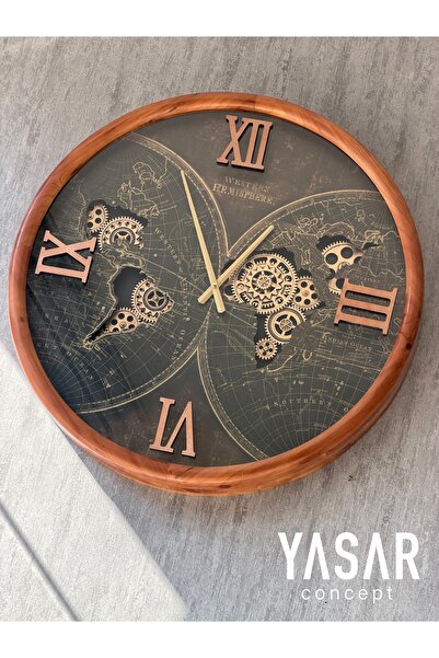 YASAR CONCEPT Corvian Dünya Haritalı Ahşap Çarklı Duvar Saati 60 Cm