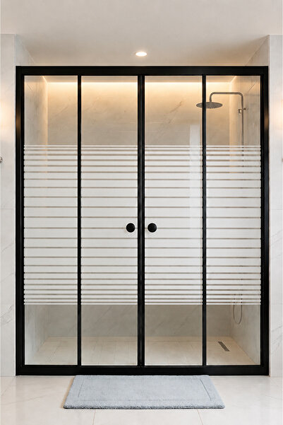 Shower Cabin Front Facade Two Walls Striped Pattern Black Profile