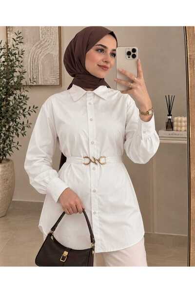 YEK&BİR Women's Gold Belt-Detail Balloon Sleeve Tunic Shirt