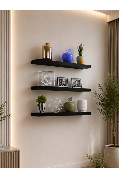 Egecan Mobilya Siyah Uçan Duvar Rafı 3 Lü Set Gizli Raf 50-50-50