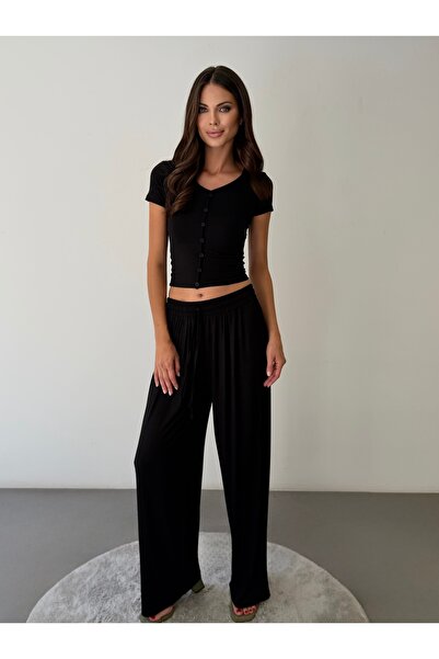 ossons Kadın Yumuşak Dokulu Crop T-Shirt & Bol Paça Eşofman Altı Takım