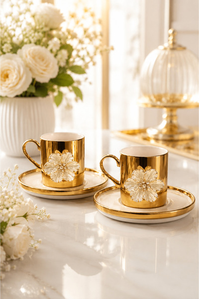 YzHome 2 Kişilik Porselen Gold Platin Kaplama Lotus Çiçekli Kahve Fincan Takı...