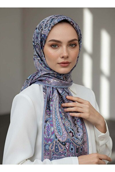 Vissona %100 Saf İpek Şal İnce Saten Vual Dokuma Etnik Desenli İndigo Renkli ...