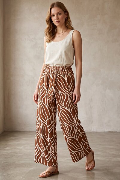 hadiora Women's Tile White Abstract Patterned Atlas Wide Leg Pants