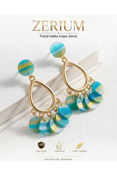 ZERİUM Hanging Steel Women's Earrings Colorful Acrylic Sequin Chandelier Mode...