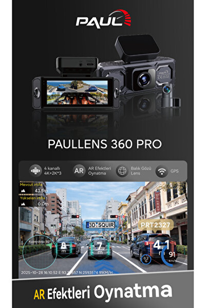 PAULLED PAUL LENS 360Pro 4K Yapay Zekalı 4 Göz Araç Kamerası, Ön Arka Plaka Okuma Sağ Sol Balık Gözü Geniş Açılı, GPS Harita, ADAS, 5G Wi-Fi, Hız Göstergeli