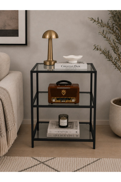 Trendmiz VELMARK Modern Loft Tarz 3 Katlı şeffaf Cam Sehpa – Siyah Metal Gövd...