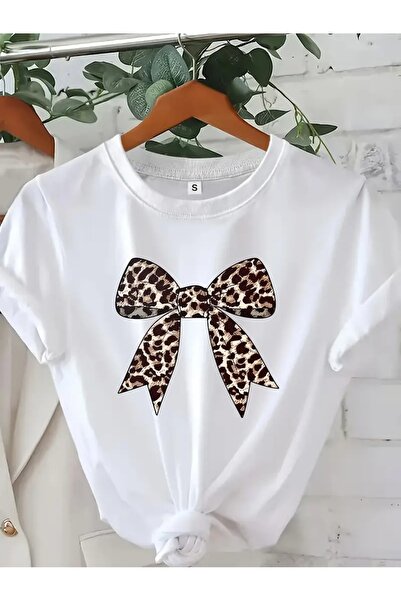 Tarzsokak Ženska mašna Sa leopard printom bela crna T-shirt Oversize kroj