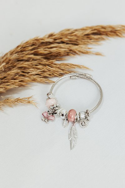 rycollections 316L Steel Zircon Stone Pink Charm Butterfly and Wing Bracelet