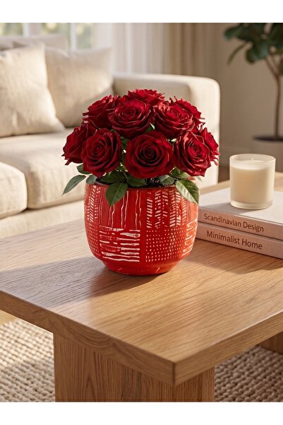 mora store Iskandinav Saksı Bohem Tarz Dekoratif Kırmızı 12,5x11 cm Beton Saksı