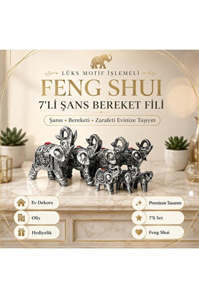 e-life shop Lüks Motif İşlemeli Feng Shui 7'li Şans Bereket Fil Biblo Seti Ev...