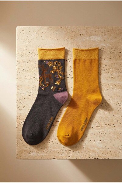 Katia&Bony Γυναικείες κάλτσες με σχέδιο Glitter 2-pack Anthracite Mustard