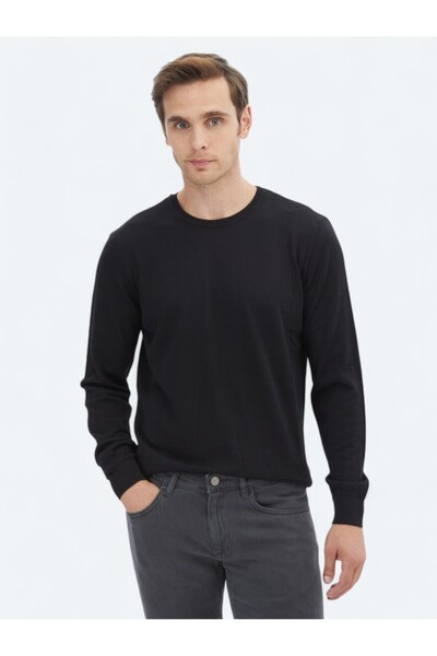 Kip Black Crew Neck Plain Knit Wool Blended Sweater