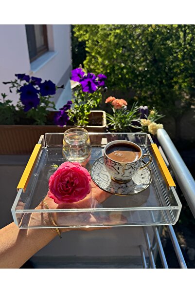 FDN Design Mat Gold Kulplu Şeffaf Pleksi Kahve Yanı Sunum Tepsisi