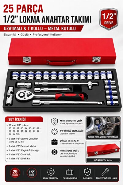 chrome Metal Kutulu 25 Parça Uzatmalı T Kollu Lokma Anahtar Takımı 1/2''