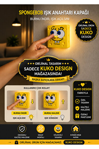 KUKO DESIGN Sünger Bob Işık Anahtarı Kapağı | Burnu Hareketli Işık Açma Kapam...