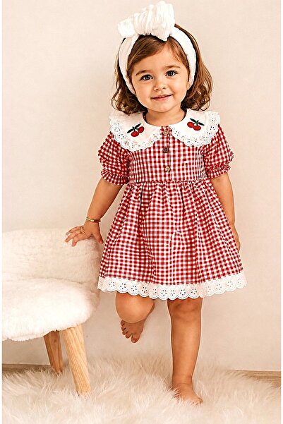 minikiti Girl's Baby Red and White Gingham Cherry Embroidered Skirt Scalloped...