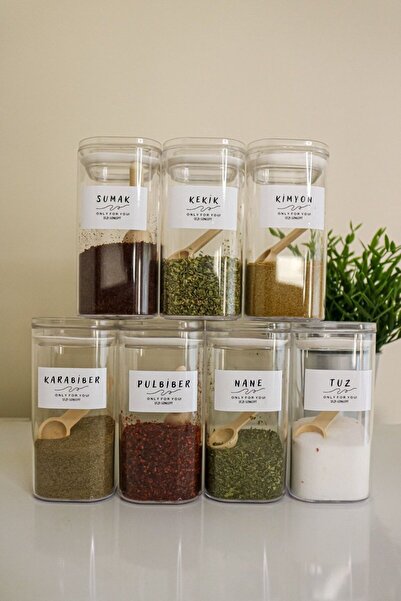 GÖKÇEHOME 300 ml Baharatlık Vakumlu Kapaklı ve Kaşıklı Lüks Baharat Takımı 7'li