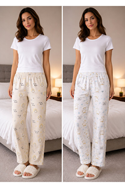 MODABOX 100% Cotton Combed Single Jersey Double Set of 2 Women's Pajama Bottoms