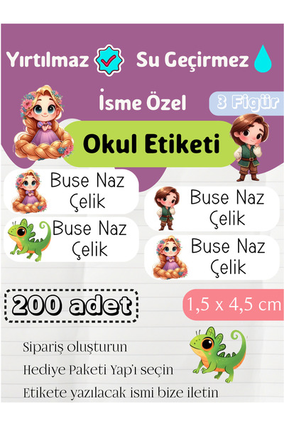 GÖKÇETasarım İsme Özel Okul Etiketi Rapunzel / Kırtasiye, Defter, Kalem, Sulu...