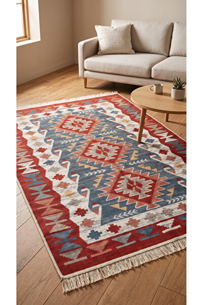 Bovia Home Pamuklu Bordo Mavi Etnik Desenli Kilim - Saçaklı Bohem Salon Oturm...
