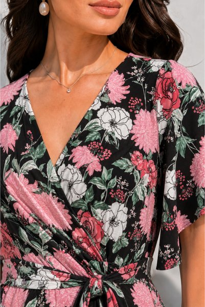 msm fashion Women's Dress Long Patterned Short Sleeve Belted Double Breasted Collar Summer Viscose Dress
