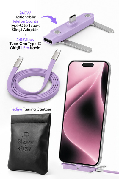 Bhave Katlanabilir Standlı 240W Ultra Hızlı Type-C Şarj Kablosu 1.5mt Deri Ta...