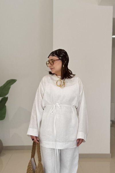 CHUL BÜYÜK BEDEN KADIN HAM KETEN KEMERLİ TUNİK PANTOLON TAKIM - BEYAZ