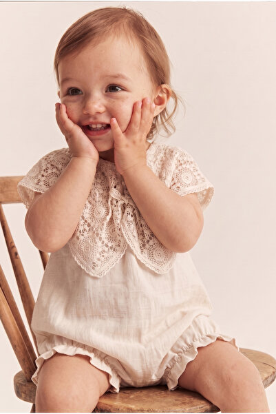 MONTİNA Baby Girl 100% Cotton Muslin Fabric Lace Collar Bowknot Ecru Romper J...