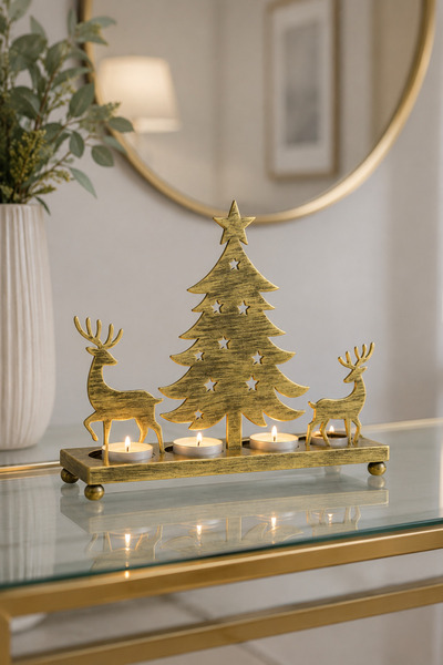 ANGDESİGN Metal 4’lü Tealight Yılbaşı Mumluk – Dekoratif Ağaç Geyik Silüetli-...