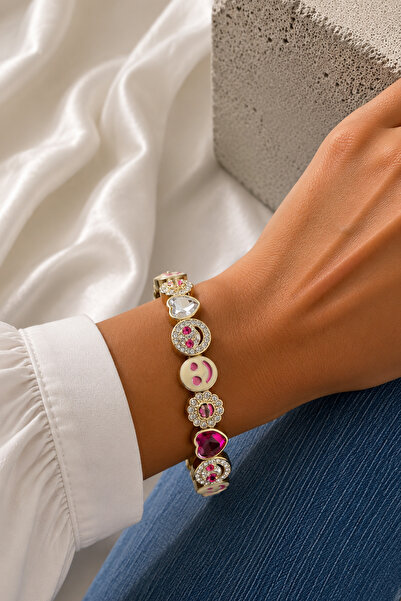 Modex Special Series Gold Color Smiling Face Heart Detail Stone Rubber Bracelet