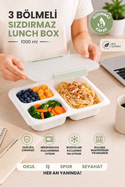 CULIQ 3 Bölmeli Sızdırmaz Lunch Box 1000 ml – BPA İçermez, Contalı Kapaklı Be...