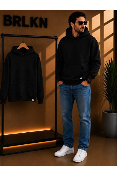 BRLKN Μαύρο ανδρικό φούτερ με κουκούλα Oversize Basic 3 στρώσεων EMG3561