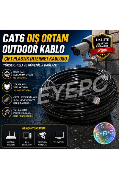 EYE PC 150 Metre Dış Ortam Cat6 Internet Kablosu Siyah Fiber Modem Pc Internet