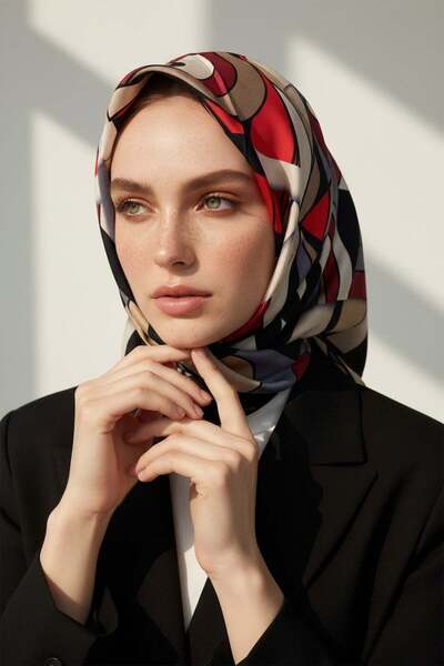 Vissona % 57 İPEK % 43 VİSKON Twill İpek Geometrik Desenli Bej - Kırmızı Renk...