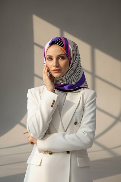 Vissona 100% twill silk striped geometric pattern white - purple color 90x90 ...