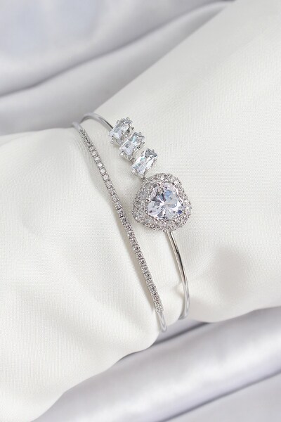 Inure Jewelry Brass Silver Color Heart Zircon Stone Women's Bracelet