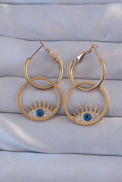 Inure Jewelry 316L الصلب الذهب اللون الزركون حجر العين الزرقاء تصميم هوب القرط