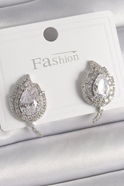 Inure Jewelry Brass Silver Color Zircon Stone Leaf Model Women's Earrings
