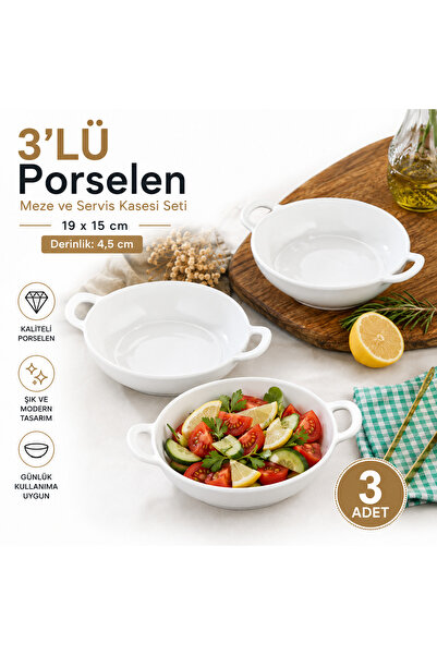 Le Paon 3’lü Porselen Oval Kulplu Meze ve Servis Kasesi Seti 19x15x4,5 cm – Ş...