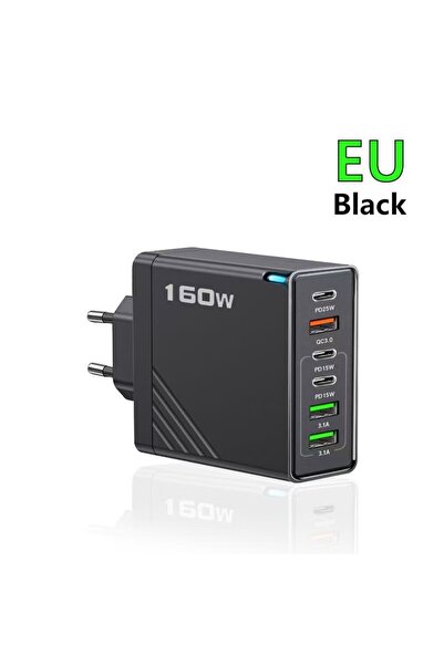 Choice EU BLACK 160W 6 Ports Fast Charger USB Type C Quick Mobile Phone Charg...