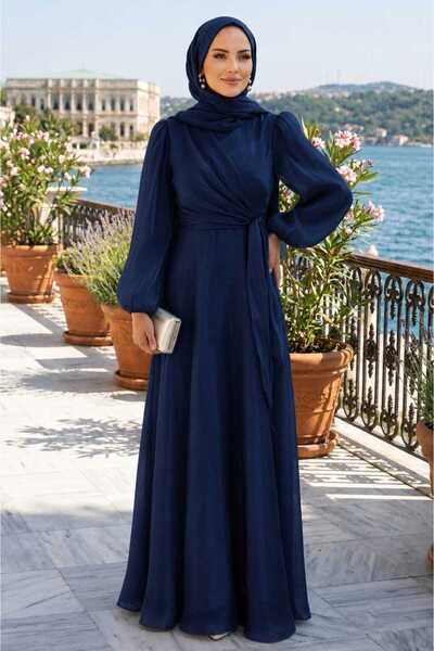 N.S NEVA STYLE Side Tie Navy Blue Hijab Evening Dress 62191L